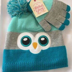 Owl Faded Glory Beanie & Glove Set, Pom Pom Ears, Fluffy Sherpa lining